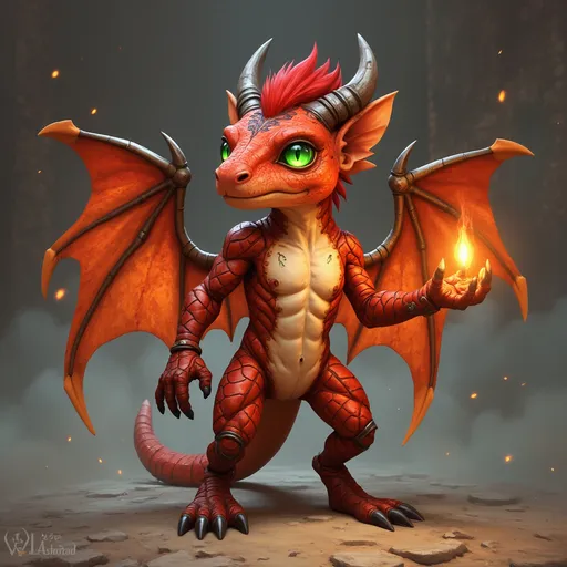 Prompt: Pyrius Flameblade, the charismatic and enigmatic kobold, stands at a modest height of 3 feet, 8 inches tall, with a lean, muscular frame that speaks of his agility and swiftness. His scales, a mesmerizing blend of fiery reds and glowing oranges, shimmer with an inner light as if each one holds a captured ember from the volcanic depths of his ancestral home. His eyes, piercing emerald orbs, seem to dance with the flames that often reflect in their depths. A pair of slender, leathery wings, scarred from countless battles and adventures, extends from his back, allowing him to glide through the air with surprising grace for one of his kind. His hands and feet are tipped with sharp, blackened claws, a testament to his adeptness in combat and his unshakeable grip on the world around him. Atop his head is a crown of horns, curled like the flames of a candle, and a proud mane of crimson hair that flows down his back. A thick beard of the same color adorns his chin, meticulously groomed and braided with beads of gold and obsidian that clink together as he speaks. His attire is a mix of intricately woven volcanic fibers and gleaming metal plates, each piece bearing the mark of ancient dragons whose scales it once protected. His most prominent feature is the sword he wields, a blade of pure volcanic glass, its serrated edge forever alight with a fiery aura that leaves trails of smoke in its wake.