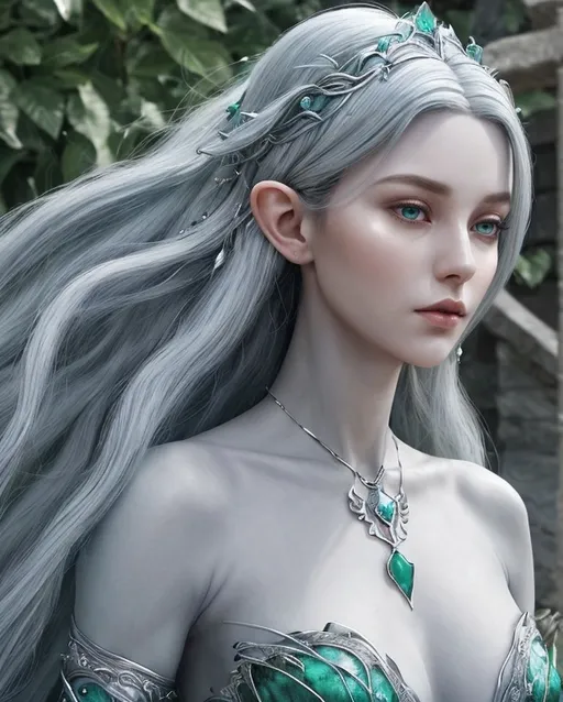 Prompt: Lilaarae stands tall with a lean, almost ethereal build, her skin a soft shade of blue-gray. Her hair, a cascade of silver and lavender locks, often floats around her face as if caught in a gentle breeze. Her eyes are large and almond-shaped, a piercing shade of emerald that seems to reflect the inner light of her bound spirit. Her features are sharp yet delicate, hinting at her elven heritage, while her aura exudes a serene calm that belies the power within. She adorns herself with feathers and beads that whisper as she moves, a silent testament to her kinship with the air.