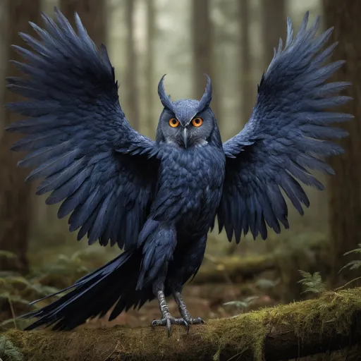 Prompt: Owlin, female, 220 years old, midnight blue feathers, shimmering coat, large wings, sharp angular features, iridescent feather halo, amber eyes, delicate beak, powerful strike, long muscular legs, sharp talons, nimble three-fingered hands, opposable thumb, cryptic tattoos, moonlit forest dweller, prophecy-driven, seer's mantle, travel-worn, diverse knowledge, open-minded, gentle grace, sharp wit, unyielding determination, optimistic spirit, skilled archer, starlit gaze, whispers of fate, night's embrace.