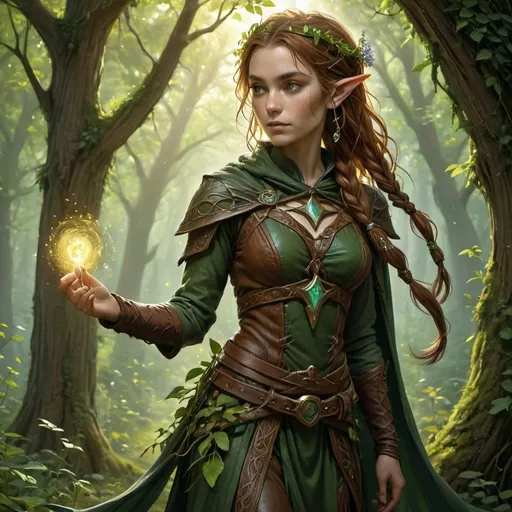 Prompt: "A striking female half-elf with sun-kissed skin and chestnut hair braided with wildflowers, standing amidst an ancient grove bathed in the warm glow of twilight. Her piercing hazel eyes glimmer with both elven grace and human determination. She wears a leather tunic adorned with intricate carvings of vines and leaves, paired with a cloak that shimmers like a fading sunset. In one hand, she holds a curved, enchanted scimitar that glows faintly green, and in the other, a wooden talisman carved with druidic runes. Around her, the grove seems alive — trees sway gently as glowing wisps of light float through the air, casting an otherworldly aura over the sacred space."