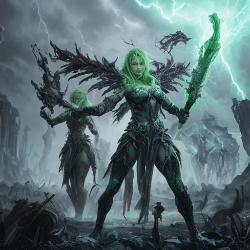 Prompt: The Phyrexians, once a formidable force, now cowered before the might of the storm's fury. The corrupted land around them began to shiver and heal, the sickly green tint lifting as the tempest's energy purged the taint.