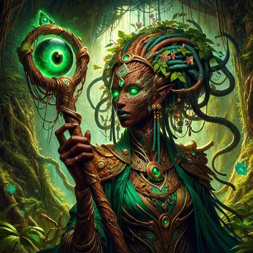 Prompt: The Emerald Oracle
"A striking female cyclops stands in the heart of a lush, overgrown jungle temple, her singular jade-green eye glowing faintly with an aura of foresight and mystery. Her towering form, draped in robes of flowing emerald silk embroidered with golden symbols, is both imposing and regal. Vines and flowers grow naturally around her, woven into her thick, earth-toned braids, as if the jungle itself reveres her. Her weathered, copper-toned skin is etched with intricate markings that seem to shift and pulse with life as she moves. In her massive hand, she holds a staff of twisted, ancient wood topped with a glowing crystal orb that emits a soft, verdant light. Around her feet, the ground blooms with vibrant, bioluminescent flora, and small woodland creatures gather as if drawn by her presence. The air hums with the resonance of her whispered prophecies, blending with the distant calls of exotic birds."