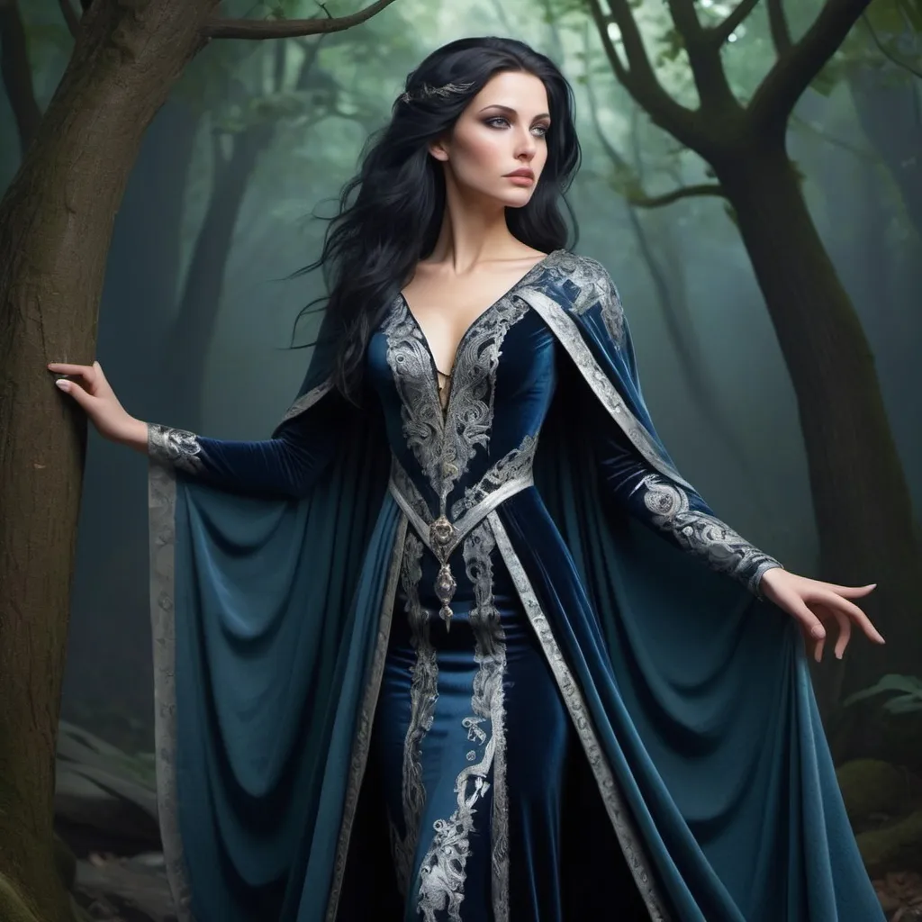 Prompt: Elara Castellanos is an enigma wrapped in a cloak of shimmering midnight-blue fabric that seems to change hue with the light. Her raven hair cascades down to her waist, often adorned with a silver circlet holding back locks that might otherwise obscure her piercing emerald eyes. Her skin is pale as moonlight, with a subtle ethereal glow that hints at the arcane power coursing through her veins. Standing at a regal six feet, she has a lean, athletic build that suggests both strength and grace. Her features are sharp and angular, yet delicate, with high cheekbones, a pointed chin, and a straight, narrow nose. A thin, silver scar traces the path of a lightning bolt from her left temple to the corner of her mouth, a testament to a past battle with a rogue elemental spirit. Her hands, long and slender, are often adorned with rings that sparkle with an inner light, each one a gateway to a different realm of magic. Her attire is a blend of the ancient and the avant-garde, a flowing robe of the finest velvet overlaid with intricate lace, with the occasional metallic embroidery that whispers of the arcane. The hem of her robe brushes the ground, revealing boots of polished l