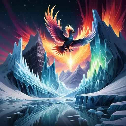 Prompt: Background: A frozen tundra with jagged ice cliffs reflecting an aurora borealis dancing across the sky.
Action: A mythical phoenix with blazing feathers of fire and ice bursts from a crystalized volcano, its flames melting the surrounding ice.
Render Style: Dynamic and luminous, with extreme contrast between fire and ice elements.
Theme: Rebirth and elemental harmony.