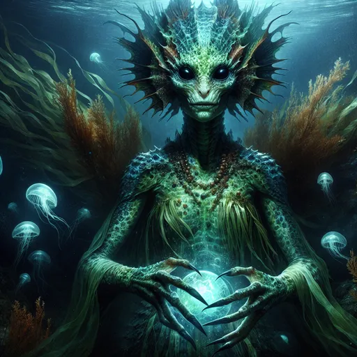 Prompt: The Abyssal Oracle
"A haunting female Deep One emerges from the shadowy depths of an underwater chasm, her scaled, amphibious form radiating an aura of ancient, otherworldly power. Her mottled, sea-green skin shimmers faintly with bioluminescent patterns, and her large, unblinking black eyes glisten like twin voids. Her webbed hands cradle an eerie, glowing orb that pulsates with the rhythm of deep-sea currents, seemingly alive with cryptic visions. She is draped in a robe of flowing seaweed and coral, encrusted with barnacles and small, writhing anemones. Long, frilled fins extend from her arms and back, undulating gently in the water. Around her, ghostly jellyfish drift in an ethereal dance, their translucent forms illuminating the ancient ruins of a submerged temple where she performs her mysterious rites."