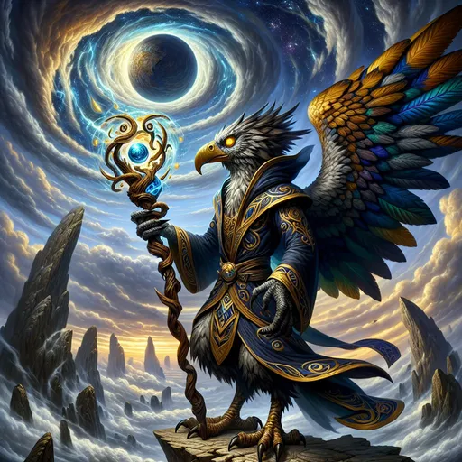 Prompt: "A majestic arakkoa perches on a jagged outcrop high above a swirling vortex of clouds, their avian form exuding an aura of ancient wisdom and arcane power. Their sleek feathers shimmer with hues of midnight blue, gold, and silver, reflecting the ever-changing sky. Their sharp beak and piercing amber eyes radiate intelligence, while their tall, slender frame is draped in flowing robes adorned with intricate embroidery of celestial patterns. Around their neck hangs an amulet shaped like a crescent moon, glowing faintly with magical energy. They grip a staff of twisted wood topped with a crystal orb that glows like a captured star, and faint, glowing runes spiral along the staff's length. The air is alive with gusts of wind and swirling leaves, as if nature itself bends to their will. Below, a sprawling, broken temple lies in ruins, scattered across floating islands suspended in the sky, while the horizon burns with the fiery hues of a setting sun. The arakkoa stands as a guardian and seer, their connection to the heavens palpable in every detail of the scene."