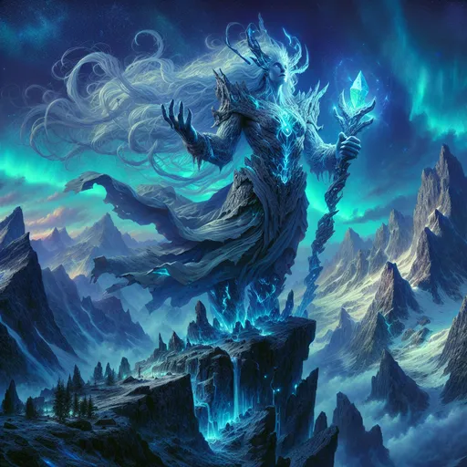 Prompt: "A towering female giant standing atop a craggy mountain peak, her presence both awe-inspiring and serene. Her immense form is adorned with a flowing cloak woven from storm clouds, and her skin is pale and etched with glowing blue runes that pulse with ancient power. Her long hair, braided with crystalline fragments, cascades down her shoulders like glacial waterfalls. In one hand, she wields a colossal staff carved from an ancient tree and topped with a glowing crystal shard, while the other rests gently on a rocky cliff face as if communing with the earth. Around her, the jagged peaks are shrouded in swirling mist and glowing with faint, otherworldly light. A celestial aurora streaks across the night sky, framing her figure and adding an air of majesty and legend to her presence. Below, distant villages nestled in the valleys seem to revere her as a goddess of nature and balance."