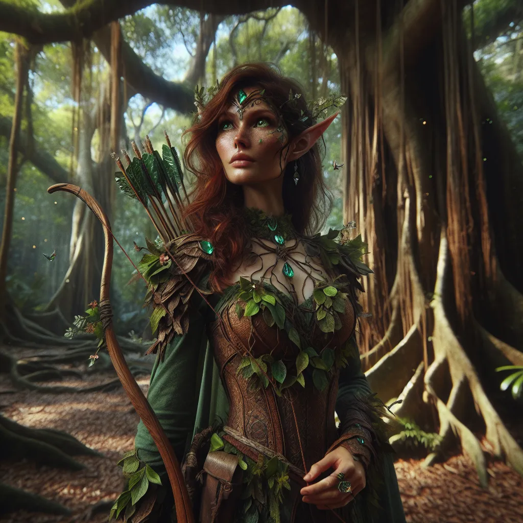 Prompt: "A graceful female forest elf stands beneath the canopy of an ancient woodland, her presence exuding an aura of serene authority. Her skin is kissed by the dappled sunlight filtering through the leaves, and her long, auburn hair flows freely, entwined with delicate vines and blooming flowers. She wears intricately woven armor crafted from bark, leaves, and shimmering threads of spider silk, adorned with emerald gemstones that glow faintly with natural magic. Her piercing green eyes scan the horizon with a vigilant gaze, while her hands grip a longbow carved from a single piece of sacred wood, its string shimmering with enchantment. A quiver of arrows tipped with crystalline shards rests at her back. Around her, the forest teems with life—glowing fireflies dance among the ferns, ancient trees stretch skyward with gnarled roots, and the distant sound of a flowing stream mingles with the calls of birds. The air is alive with the hum of magic, and she stands as both protector and embodiment of the wild's enduring beauty and power."