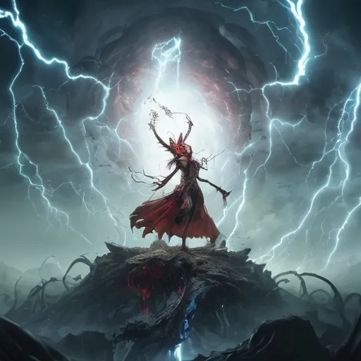 Prompt: With a mighty leap, she soared through the air, her staff ablaze with the power of a thousand suns. The Phyrexian leader raised its monstrous limbs to shield itself, but it was too late. Leona brought the staff down upon the creature, and the world was engulfed in a cacophony of thunder and light. The ground trembled as the very air was torn apart by the force of the blow.