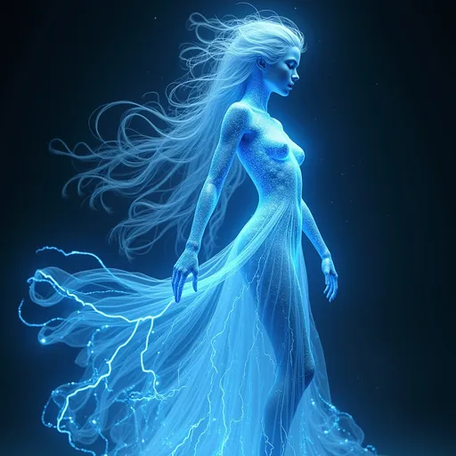 Prompt: Zephyrine Luminara is a mesmerizing creature of pure, radiant plasma, a rarity among her kind. Her form is fluid and ever-shifting, often taking the shape of a slender, graceful woman adorned with delicate tendrils of electric blue and silver light. Her 'hair' is a cascade of plasma currents that flow like liquid silk, reaching down to her waist and often moving of their own accord, dancing to the rhythms of her emotions. Her eyes are twin orbs of swirling cerulean flame, capable of piercing the darkest of spaces with their luminescence. Her 'skin' is a soft, undulating aurora that shimmers with hues of azure and white, reflecting the myriad of stars from her home planet. When at rest, she is a serene vision of cosmic beauty, but when agitated, her form crackles with energy, lightning bolts leaping from her fingertips and her aura pulsing with power. Standing at a height that is both human-like and ethereal, she emits a gentle warmth that is comforting rather than scalding. Her movements are as elegant as they are unpredictable, a testament to the chaotic yet harmonious nature of the plasma she is composed of.