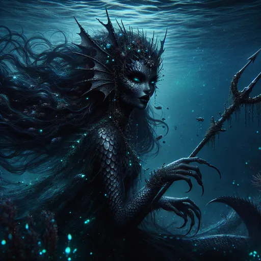 Prompt: The Abyssal Songstress
"A hauntingly beautiful female Merrow emerges from the shadowy depths of an underwater trench, her dark, scaled skin shimmering with hues of deep blue and obsidian. Her long, flowing hair undulates like ink in the water, woven with strands of seaweed and tiny, glowing barnacles. She wears a regal headdress made from jagged coral and shark teeth, and her fins are adorned with glistening pearls. In her hand, she holds a trident forged from black iron and encrusted with glowing bioluminescent gems. Around her, the water pulses with the vibrations of her eerie, melodic song, summoning ghostly sea creatures and swirling currents of dark magic. The faint glow of an anglerfish-like lure dangles from her head, casting an eerie light in the abyssal gloom."