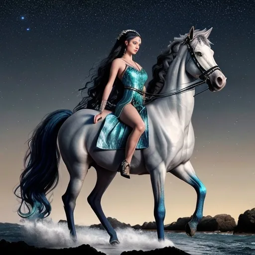 Prompt: *Female centaur, 230 years old, appears younger, moonlit shimmering mane and tail, midnight blue and silver equine body, athletic human torso, ethereal night-sky blue skin, emerald eyes, dark blue wavy hair, waist-length, seashell and pearl adornments, amulet with seaweed pearl, 12 feet tall, graceful, silk dress, oceanic tattoos, ambassador