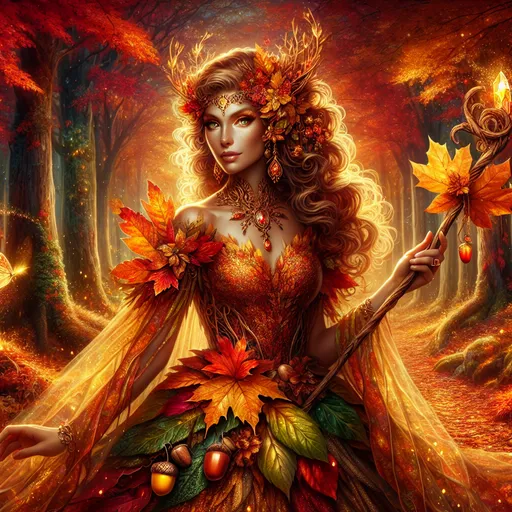 Prompt: Radiant Female Eladrin of Autumn
"A stunning female Eladrin embodying the essence of autumn stands in an enchanted grove ablaze with the colors of the season. Her delicate, angular features exude elegance and mystery, and her amber-gold skin glows faintly as if kissed by the light of a setting sun. Her long, flowing hair, a rich cascade of crimson, orange, and gold, drifts gently in the crisp breeze, adorned with small twigs, autumn leaves, and glowing motes of light. Her fiery golden eyes shine with wisdom and a quiet, introspective intensity.

She wears an exquisite gown woven from shimmering fabrics that resemble fallen leaves, with patterns that shift and glow like embers. A mantle of golden vines drapes her shoulders, and her jewelry is crafted from amber and acorns, further tying her to the season. In her hands, she holds a delicate staff of twisted wood crowned with a softly glowing crystal shaped like a harvest moon.

Around her, the grove is a magical symphony of autumn: trees with flaming red and golden leaves, a carpet of soft, multicolored foliage beneath her feet, and drifting sparks of magical light illuminating the scene. The air carries the scent of ripe apples and woodsmoke, while a gentle wind stirs the leaves, creating an aura of serenity and timeless beauty. She stands as a personification of autumn’s fleeting, bittersweet splendor."