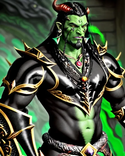 Prompt: Emerald-green-skinned orc, 8-foot-tall, midnight-red marbled, polished-onyx eyes, jet-black braided mane, gold-pierced beard, rare crimson wings, jagged obsidian horns, sharp steel-like teeth, muscular build, traditional orcish armor, dragon scale adornments, steam-powered gear, blacksmith's attire, dragon-rider lineage, volcanic homelands, master weapon-crafter, Drakara Legion member, fiery temperament, protective nature, empathetic soul, pet magma salamander, Sizzle.