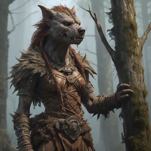 Prompt: In the heart of the mist-laden forests, where ancient trees whisper secrets of the past, roams a striking female Gnoll named Kaelara. Towering at an imposing height, her sinewy frame is draped in tattered yet intricately woven garments made from the hides of formidable beasts she has bested in battle. Her fur, a rich tapestry of earthy browns and deep grays, bristles with the wild energy of her surroundings. Kaelara's fierce amber eyes gleam with intelligence and a touch of mischief, reflecting her cunning nature and keen instincts. Adorned with tribal jewelry crafted from bone and stone, she embodies the spirit of her clan, each piece telling a story of honor and resilience. Her elongated snout is accentuated by sharp teeth that hint at her predatory prowess, yet her smile carries an unexpected warmth that disarms even the most cautious of allies. As she moves through the underbrush, her agility is both graceful and feral, a reminder of her dual nature as a protector of her realm and a fierce warrior. Kaelara is not just a creature of brute strength; she is a guardian of ancient knowledge, skilled in herbal lore and the art of the hunt. She communicates with the forest, understanding its rhythms and the delicate balance of life within it. With a heart that beats to the rhythm of the wild, she stands ready to defend her home against those who would disrupt its harmony, making her a formidable ally and a fearsome foe in the ever-evolving tapestry of her fantastical world.