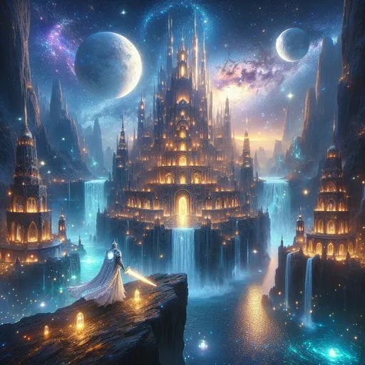 Prompt: "An awe-inspiring fantasy realm captured in breathtaking detail. A towering ancient castle carved from glimmering obsidian stands atop a jagged cliff, overlooking an endless, glowing ocean of stars. Ethereal waterfalls flow from the castle's base, cascading into shimmering pools of light below. In the sky, two massive moons and a swirling galaxy illuminates the scene with a soft, otherworldly glow. The foreground features a lone adventurer cloaked in silver, their enchanted sword emitting a faint golden aura. The adventurer gazes at the castle in awe, while magical fireflies dance around them. the atmosphere is both majestic and mysterious, combining cosmic wonder with timeless fantasy.
Art Style: Hyper realistic, vibrant cinematic fantasy with intricate details
Lighting: Dynamic celestial glow from the moons and galaxy, soft reflections from the waterfall and pools.
Color Palette: Rich purples, blues, silvers, and golds, balanced with soft blacks and whites.
Composition:
Foreground: Adventurer with glowing sword standing on a grassy cliff.
Midground: Cascading waterfalls and luminous pools.
Background: The towering obsidian castle, starry ocean, and celestial sky."