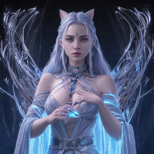 Prompt: Luminara stands tall with a lean, athletic build. Her skin is a radiant moonlit silver, eyes a piercing shade of cerulean blue, and hair that cascades in waves of midnight black. Her elongated ears are adorned with delicate crystal studs that seem to catch the light, and her fingers are tipped with glowing nails that can shift from a soft luminescence to a blinding light. Her attire is a fusion of ancient elven garb and modern sorcery—a flowing robe of shimmering fabric, cinched at the waist with a belt of enchanted glyphs, and boots that appear to be woven from strands of shadow.