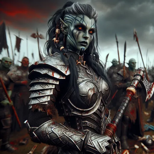 Prompt: The Ironfang Vanguard
"A powerful female half-orc stands tall on a battlefield strewn with the remnants of a fierce skirmish, her gray-green skin marred with battle scars that tell of her hardened past. Her braided black hair, streaked with silver, is adorned with bone and metal ornaments. She wears a suit of intricately crafted plate armor, engraved with tribal patterns and burnished to a dark, steely sheen. In her hands, she grips a massive battleaxe, its blade etched with runes that pulse faintly with crimson light. Her piercing amber eyes survey the chaos with unyielding focus, exuding both leadership and ferocity. Around her, warriors rally to her presence, inspired by her indomitable spirit, as she prepares to lead the charge into the heart of the fray under a blood-red sky."