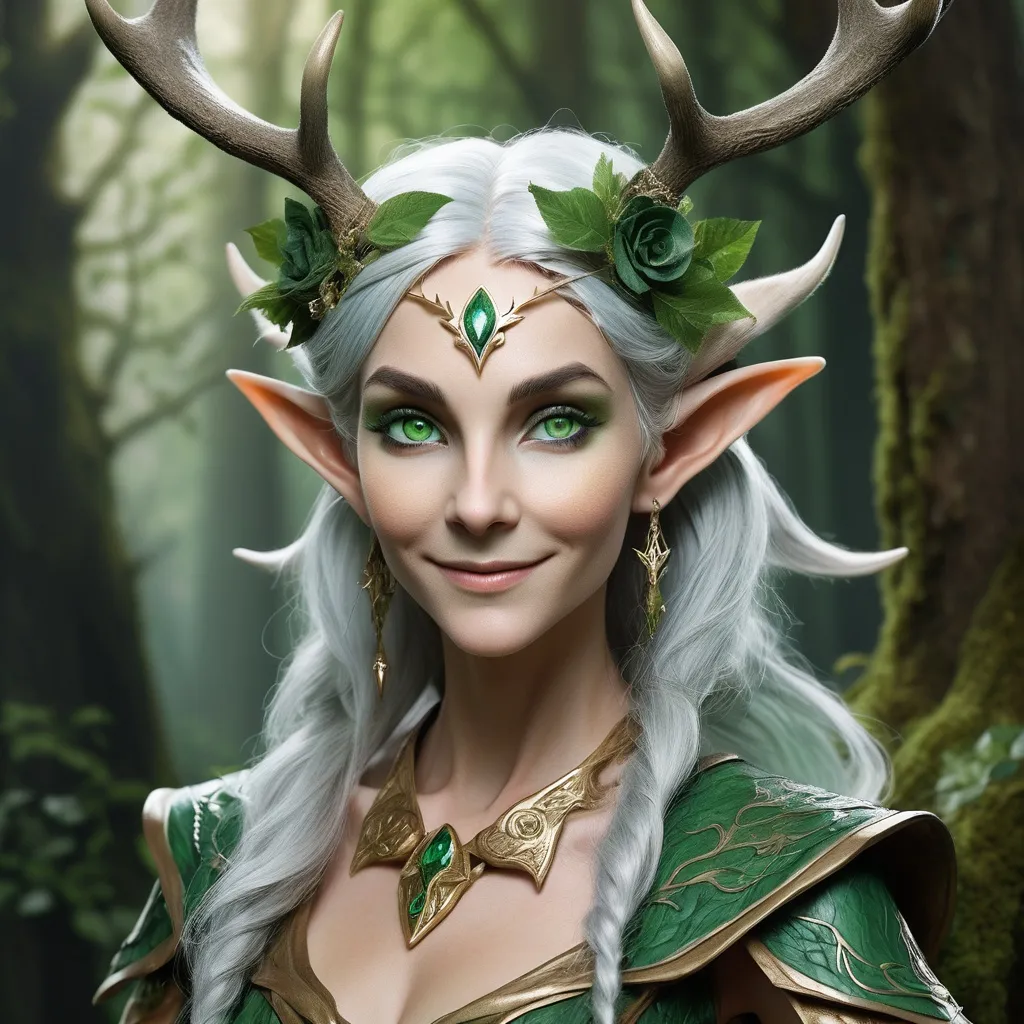 Prompt: Forest Elf, 370 years old, female, 6'5" tall, luminous green skin, deep emerald eyes, silver-white hair with seasonal floral adornments, pointed gold-tipped ears, sharp features, high cheekbones, mischievous smile, nimble fingers, graceful deer-like movement, blending forest garb, druidic apprentice, great druid Elarawn, nature communion, legendary healer, ancient lore, moonlit enchantments, wooden staff, forest guardian, sacred grove protector, gentle humor, introspective, wise, vast knowledge, subtle pranks, elusive charm.