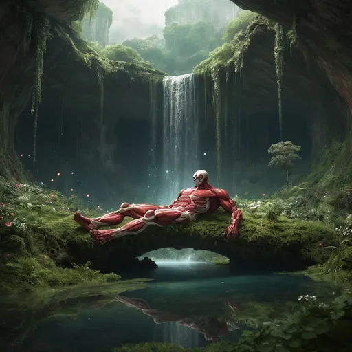 Prompt: Titan’s Resting Place
"A colossal titan lies dormant in a lush valley, its moss-covered body blending seamlessly with the surrounding terrain. Trees grow along its limbs, and a waterfall flows gently from its open hand into a crystalline lake below. Wildflowers bloom around its massive form, and tiny glowing fireflies hover in the air. Adventurers explore the area, dwarfed by the titan's immense scale. The mood is tranquil and reverent, emphasizing the blending of nature and the remnants of ancient power."