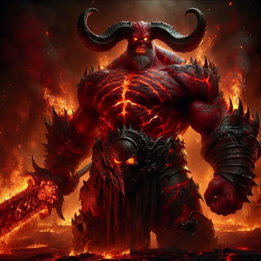 Prompt: The Infernal Warlord
"A fearsome male Magog towers atop a scorched battlefield, his hulking, demonic form wreathed in flickering flames. His crimson skin, marred with scars and jagged black markings, glows like molten lava, while his glowing yellow eyes burn with malevolent intelligence. Two massive, curved horns rise from his head, adorned with iron rings and faintly smoking from the heat emanating from his body. His spiked, obsidian-black armor appears forged in the depths of the underworld, inscribed with fiery runes that pulse with dark energy. In his clawed hand, he wields a colossal, flaming greatsword, its blade etched with jagged runes that leave trails of smoke and ash with every swing. Around him, the ground cracks and smolders under his weight, and the air is filled with the acrid stench of brimstone. Behind him, a massive infernal gate glows ominously, the source of his unholy power and legions of loyal fiends."