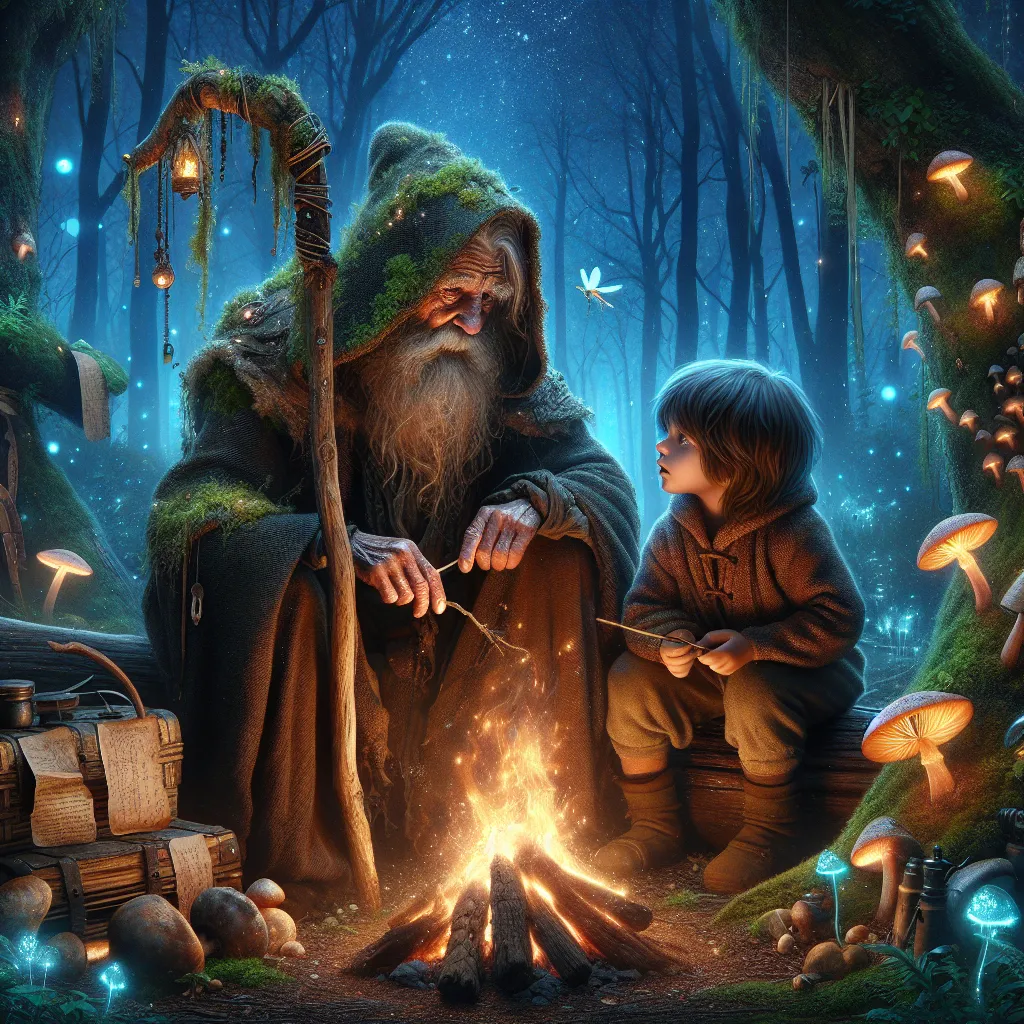 Prompt: "A heartwarming yet mystical fantasy scene depicting a reclusive hermit and a curious child in a secluded forest glade. The hermit, an elderly figure with a long, weathered cloak and a staff entwined with glowing moss, sits by a crackling fire surrounded by makeshift tools, herbs, and ancient scrolls. Their face is rugged but kind, with wisdom in their eyes as they patiently explain something to the child.

The child, wide-eyed and filled with wonder, clutches a simple wooden toy and leans forward to listen, their small frame bathed in the warm glow of the fire. Around them, the forest is alive with enchantment—glowing mushrooms, ethereal fireflies, and faint magical sigils shimmering faintly on the trunks of ancient trees.

Above, a starry night sky peeks through the canopy, and in the distance, a silhouette of a majestic creature—perhaps a stag with luminous antlers—watches over them. The scene captures a blend of innocence, wisdom, and the quiet magic of their hidden world."