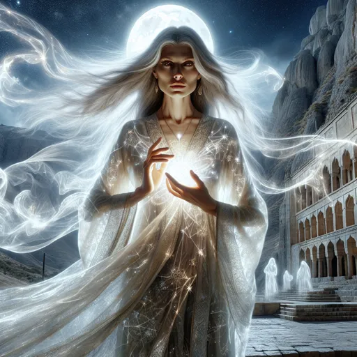 Prompt: The Dreamweaver Ascendant
"A serene female Kalashtar, her luminous, pale skin glowing softly in the moonlight, stands atop a sacred temple carved into the side of a mountain. Her long, flowing hair shimmers like silver threads in an unseen breeze, blending with ethereal wisps of light that spiral around her. Her radiant eyes seem to pierce both the material and spiritual realms. She wears a flowing robe of white and gold, embroidered with intricate patterns of celestial constellations. In her hands, she cradles a glowing shard of pure psionic energy, and the air around her hums with power. Spirit-like silhouettes of her ancestors float in the background, their translucent forms dancing in harmony under a sky filled with stars and shimmering auroras."