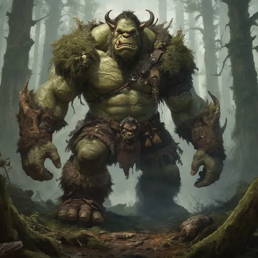 Prompt: In the heart of a mist-laden forest, where twisted trees whisper ancient secrets, resides a male ogre named Gromak. Towering above the tallest of men, Gromak's formidable frame is draped in a patchwork of rugged leathers and furs, scavenged from the wilds he calls home. His skin, a deep shade of mossy green, is adorned with scars that tell tales of fierce battles and hard-won victories. With a broad, flat face and heavy brow, his features are both intimidating and oddly endearing, framed by wild tufts of hair that cascade down his back like a dark waterfall. Gromak's eyes, a striking amber, gleam with a mix of mischief and wisdom, revealing a heart that, despite his fearsome appearance, is capable of warmth and kindness. In a world that often misunderstands him, Gromak finds solace in nature, tending to the sprawling gardens of vibrant, enchanted plants that thrive under his care. He wields a massive club, its surface etched with runes of protection and strength, but he prefers the company of creatures both magical and mundane over combat. With a booming laugh that echoes through the trees, Gromak is known as a guardian of the forest, protecting its delicate balance while harboring dreams of friendship and adventure beyond the shadows of his secluded realm.