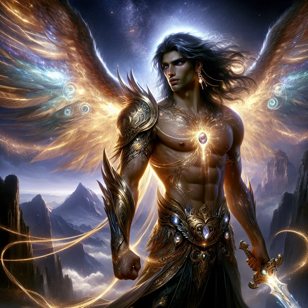 Prompt: 
The Celestial Scion
"A majestic male demigod stands atop a mountain peak, his form radiating divine power and an aura of unearthly grace. His skin shimmers like molten gold, glowing faintly under the light of a distant sun, while his dark, shoulder-length hair seems to shift like a stormcloud in motion. His eyes are a piercing mix of silver and violet, filled with ancient wisdom and the weight of the heavens. A pair of ethereal wings, shimmering with golden light, unfurl from his back, creating a brilliant halo around him.
He is clad in ornate, celestial armor—etched with runes of protection and adorned with gemstones that pulse with divine energy. A gleaming sword, forged from starlight, rests in his grasp, its blade shimmering like the night sky, and his other hand holds a large, radiant shield that bears the emblem of his divine parentage. The mountain around him seems to tremble with the power of his presence, the winds carrying a hum of divine music, while the skies above swirl with constellations and cosmic energy.

Though his power is immense, his expression is one of calm contemplation, his thoughts deep as he watches over the world, ever vigilant. The heavens themselves seem to bend to his will, and the land below him flourishes with life in response to his divine influence."