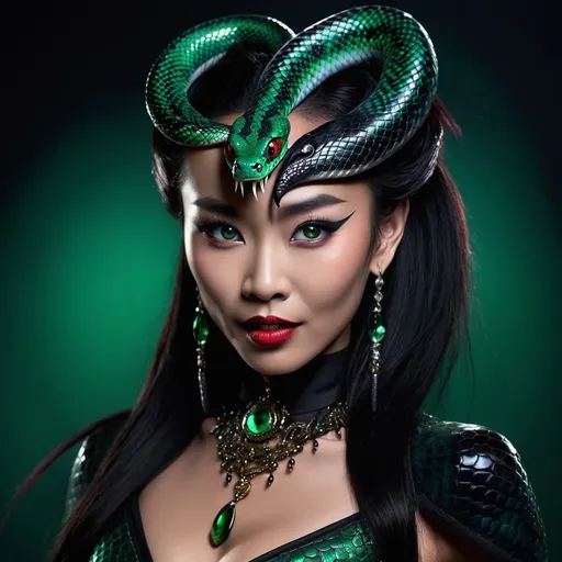 Prompt: Yuan-ti Pureblood, 250 years young, deep iridescent black skin, emerald snake eyes, serpentine grace, snake-like features, exotic allure, inky hair with jet beads and emerald feathers, pointed chin, perpetual smirk, fangs, royal cobra tail, lethal barb, slender scales, sharp claws, adorned fingers, shadowy background, House Shadowveil, ancient lore, illusion and deceit, human society infiltrator, ancient artifact seeker, Scepter of the Dark Naga, charming, seductive, cold-hearted, calculating, master of deceit, scheming, multifaceted, adept linguist, scholarly curiosity, ruthless ambition, values strength and wisdom.