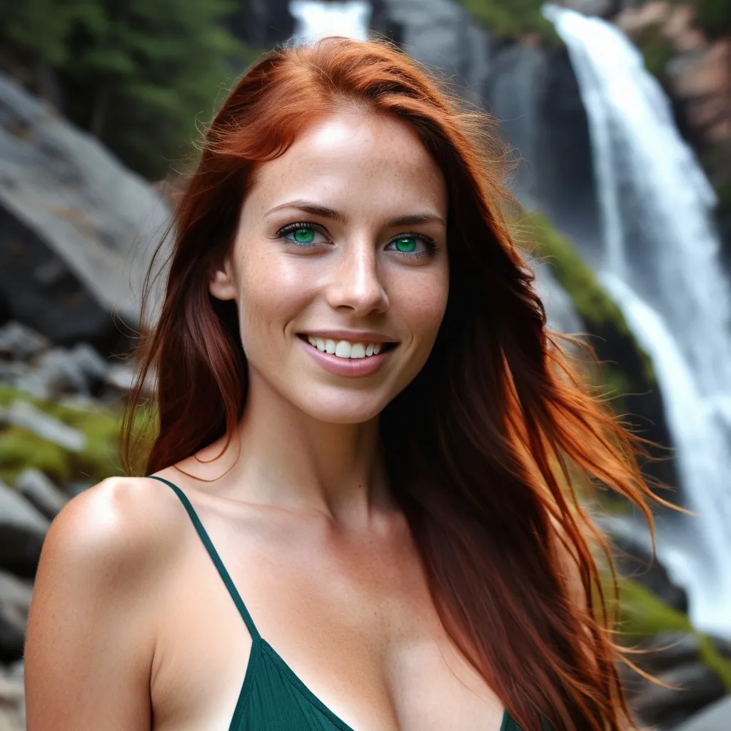 Prompt: Half-Giant, 32 years old, female, majestic, seven and a half feet tall, earthen-toned skin, weathered granite, emerald eyes, auburn hair, fiery waterfall, sharp angles, gentle curves, strong, graceful, robust, finesse, mountain-born, proud nose, generous mouth, knowing smile, large hands, calloused, delicate, unshakable posture, broad shoulders, muscular, elegant simplicity, leather attire, flowing fabrics, intricate carvings, stone-shaping, lute player, diplomatic, charismatic, optimistic, warm, curious, jovial, shrewd tactician, mediator, protector, Thunderpeak Mountains, giant-human heritage, seer mother, blacksmith father, dual heritage, mediator between giants and humans, mountain explorer, peace-forger, renowned, charismatic charm, traveler, diverse alliances, dragon-slayer, demon-foe, friend to kings and queens, harmony-bringer, boundless curiosity, heart of gold, muscular elegance, diplomat's finesse.