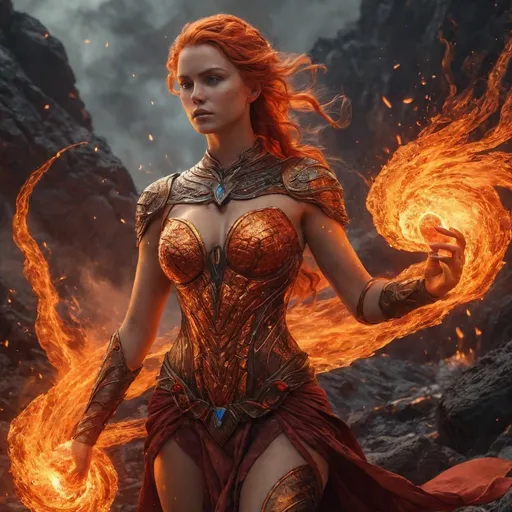 Prompt: In the heart of an enchanted realm where the air shimmers with heat and the ground glows with the embers of a restless volcano, a striking female Fire Genasi stands, a beacon of elemental power. Her skin, a vibrant hue of molten copper, glistens as if kissed by flames, while her hair dances like flickering firelight, cascading in waves of crimson and orange that seem to flicker with a life of their own. Her eyes, a fierce and captivating shade of amber, resemble the smoldering coals of a dying fire, radiating an intense warmth that draws the gaze of all who encounter her. Surrounded by a landscape of rugged black rock and flowing lava, the air crackles with energy, and the sky above is painted in hues of fiery reds and deep oranges, casting an otherworldly glow. Pools of bubbling magma reflect her fiery essence, while wisps of heat shimmer around her, creating an ethereal aura that sets her apart from the rugged beauty of her surroundings. As she moves, the very ground beneath her seems to pulse with her heartbeat, igniting sparks and sending up wisps of smoke. With a confident stance and a smirk playing on her lips, she embodies the spirit of fire—unpredictable, passionate, and fierce. In this realm, she is not just a creature of flame; she is a guardian of the volcanic mountains, an embodiment of the primal forces that shape the world around her, ready to unleash her fiery wrath or offer warmth to those in need.