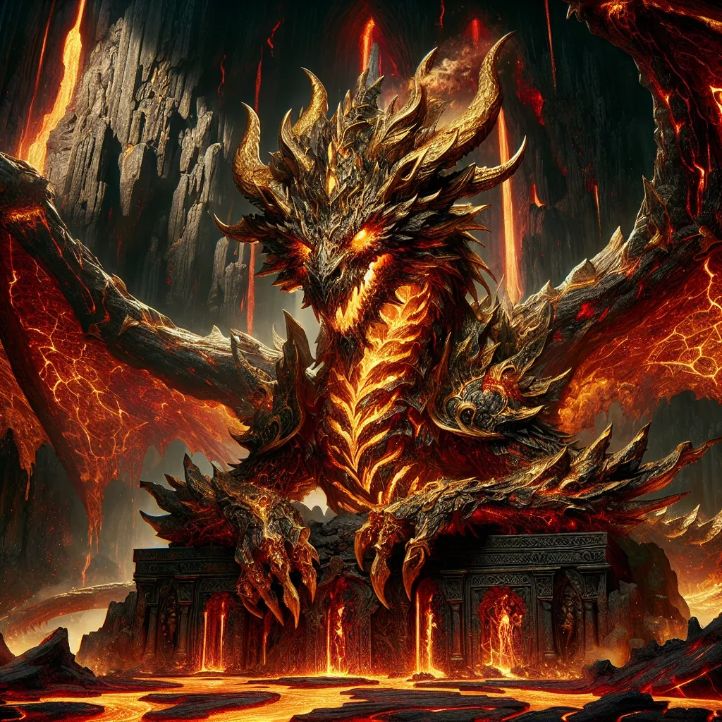 Prompt: The Eternal Dragon King
"A colossal dragon with scales of molten gold and flowing magma veins, perched atop an ancient, crumbling throne carved from obsidian. The dragon’s eyes glow with fiery intensity, and its wings emit a trail of ember-filled smoke, illuminating a dark volcanic lair with rivers of lava."