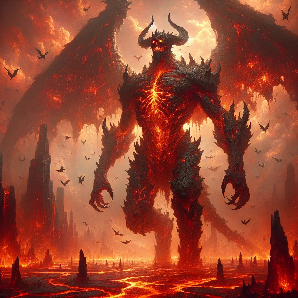 Prompt: "A towering demon, its body composed of molten lava and jagged obsidian, strides through a fiery hellscape. Rivers of magma flow around its feet, while glowing cracks in its chest pulse with the beat of its infernal heart. Above, fiery skies swirl with ash and embers as winged shadowy figures circle menacingly."