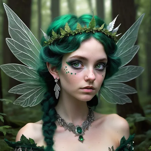 Prompt: Pixie, female, 250-year-old, perpetual 25-year-old, moonlit silk skin, deep midnight eyes, emerald green hair, freckled nose, pointed ears, silver earrings with crystal beads, gossamer wings, forest guardian, intricate leaf crown, ever-changing nature wardrobe, tiny frame, gossamer wings, mystical realm dweller, ancient wisdom sparkle, unique "green" sorcery, human-like disguise, environmental advocate, storyteller, charming, mischievous, whirlwind energy, empathetic, fiery spirit, unshakable resolve, blend of nature and technology.