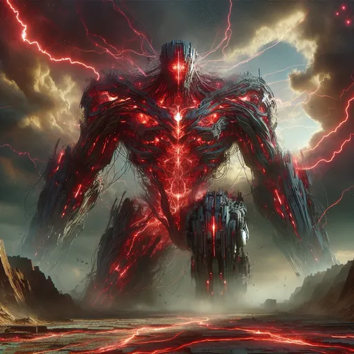 Prompt: "A hulking construct of jagged metal and glowing red veins of energy strides through a war-torn battlefield. Its body is covered in shifting, chaotic patterns that pulse with dark power, and its fists radiate heat waves that melt the ground beneath it. Above, the sky churns with storm clouds, torn apart by bursts of crimson lightning."