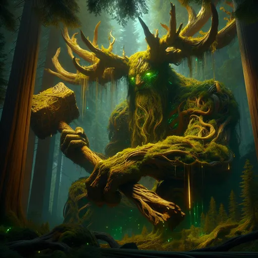 Prompt: "A towering guardian intertwined with ancient tree roots and moss stands in the heart of a glowing forest. Their bark-like skin pulses with a golden-green light, and their antler-like branches drip with luminous sap. In their hands, a massive wooden maul hums with the power of the earth, resonating with the life force of the forest they protect."