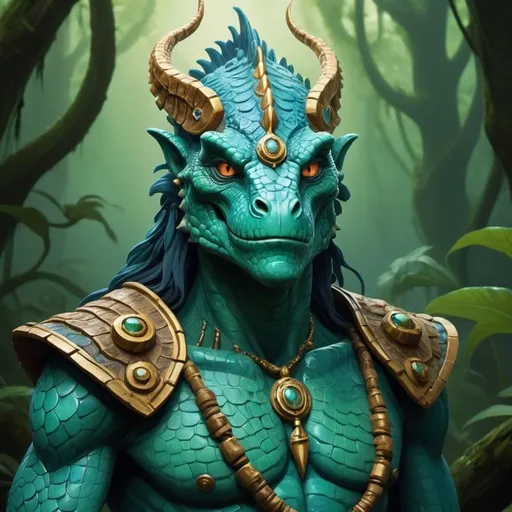 Prompt: Ssythrax the Sage is a young adult among his Lizardmen kin, standing tall at an impressive seven and a half feet. His emerald scales, a sign of his noble lineage, shimmer under the light of the ancient swamp's bioluminescent flora. His eyes, a piercing shade of gold, reflect the wisdom and cunning of his ancestors who navigated the treacherous waters of the Great Swamp. A crest of vibrant blue scales adorns his head, a stark contrast to the verdant hue of the rest of his body. This crest, a symbol of his scholarly achievements, reaches down to the base of his neck, where it merges into intricate patterns that trace the contours of his muscular form. His tail, a robust six feet long, is adorned with rings and amulets made from the bones of fallen beasts, each one telling a story of valor and cunning. Ssythrax wields an elegant staff carved from the heartwood of an ancient mangrove, which is said to hold the spirits of the swamp within. His clawed hands are adorned with rings of gold and jade, hinting at his affinity for both martial and mystical pursuits. Despite his intimidating presence, Ssythrax carries himself with a grace and poise that belies his reptilian nature.