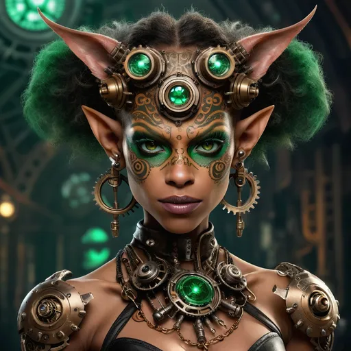 Prompt: Zaria "Zee" Zinzara is a gremlin of unparalleled beauty and mischief. With her emerald eyes sparkling like the heart of a malfunctioning machine, she stands at a mere 3 feet tall, yet her presence is as commanding as the towering gears of the Clockwork City she calls home. Her skin is a mesmerizing blend of brass and copper, with intricate tattoos of gears and cogs etched into her flesh, each one telling a tale of her numerous escapades. Her hair is a wild tangle of black wires, often adorned with tiny, whirring gadgets that she has crafted herself. Her nose is long and pointed, reminiscent of a screwdriver, and she has a mischievous grin that reveals a set of gleaming metal teeth. Her fingers are tipped with retractable claws, perfect for tinkering with the most delicate of devices, and she boasts a pair of leathery wings that fold neatly against her back, allowing her to glide through the air with the grace of a mechanical owl. Her clothing is a patchwork of leather and metal scraps, studded with various gears and springs that clank and whirr as she moves, a testament to her unrivaled skills as an inventor and thief.