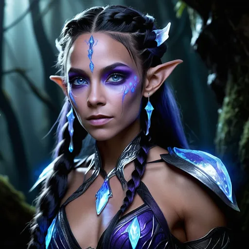 Prompt: Bioluminescent troglodyte, 180-year-old, female, shimmering blue-purple skin, liquid silver eyes, pointed elven features, long obsidian hair, glowing fungi braids, crystalline beads, lean muscular build, sharp claws, elegant clothing of shadows and lights, heightened agility, elven heritage, rare arcane tome, bridge between worlds, underground explorer, complex background, leader and protector, dual nature, unique lineage, ancient pact knowledge.