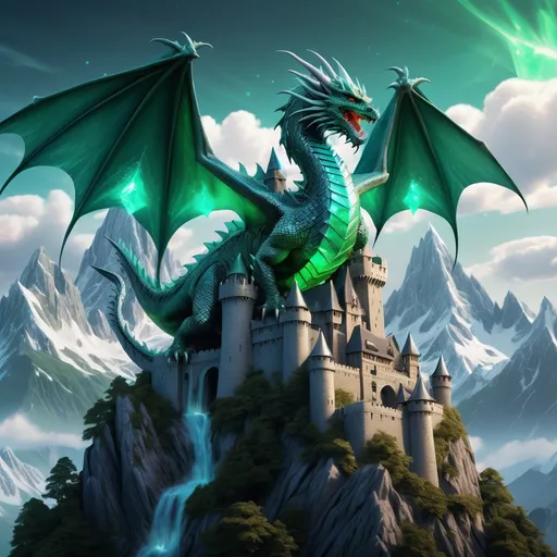 Prompt: Background: A crystalline mountain range with a glowing castle perched on the highest peak.
Action: A dragon with shimmering emerald scales swoops through the sky, carrying an ancient artifact in its claws.
Render Style: Hyper-realistic 3D art with reflective and luminous textures.
Theme: Myth and guardianship.