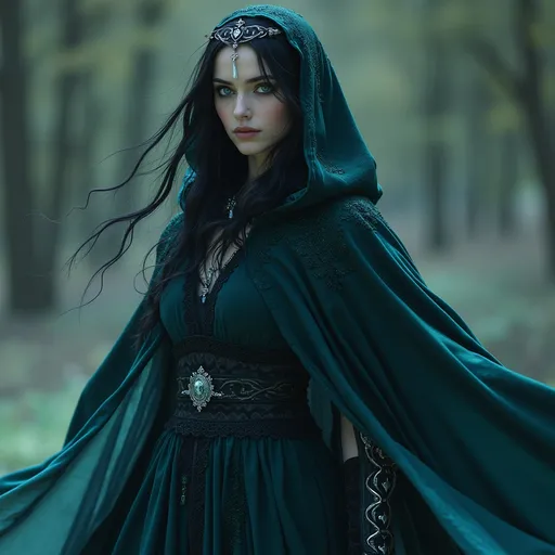 Prompt: Elara Castellanos is an enigma wrapped in a cloak of shimmering midnight-blue fabric that seems to change hue with the light. Her raven hair cascades down to her waist, often adorned with a silver circlet holding back locks that might otherwise obscure her piercing emerald eyes. Her skin is pale as moonlight, with a subtle ethereal glow that hints at the arcane power coursing through her veins. Standing at a regal six feet, she has a lean, athletic build that suggests both strength and grace. Her features are sharp and angular, yet delicate, with high cheekbones, a pointed chin, and a straight, narrow nose. A thin, silver scar traces the path of a lightning bolt from her left temple to the corner of her mouth, a testament to a past battle with a rogue elemental spirit. Her hands, long and slender, are often adorned with rings that sparkle with an inner light, each one a gateway to a different realm of magic. Her attire is a blend of the ancient and the avant-garde, a flowing robe of the finest velvet overlaid with intricate lace, with the occasional metallic embroidery that whispers of the arcane. The hem of her robe brushes the ground, revealing boots of polished l