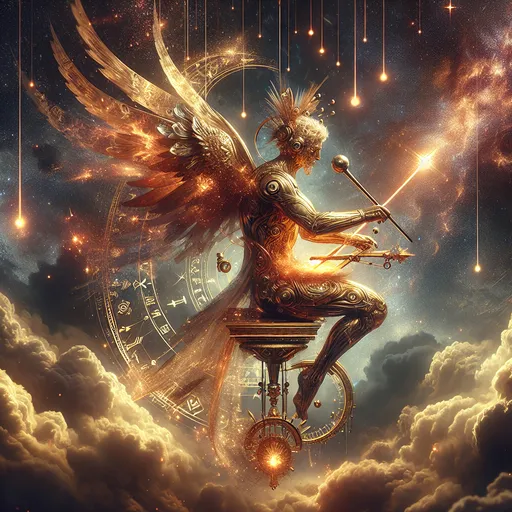 Prompt: "An awe-inspiring figure stands atop a floating forge suspended in the heavens, hammering a blade that gleams with the essence of the sun and stars. Their molten gold armor glows with celestial runes, and sparks of light cascade around them like shooting stars. In the background, constellations shift and realign with each strike, resonating with their divine craft."