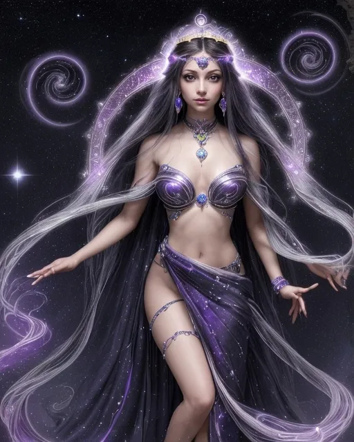 Prompt: Luminara Castellanos is a Magi with a mesmerizing presence that seems to radiate an inner glow. Her skin is a soft, luminescent shade of moonlit silver, reflecting the arcane energies that pulse beneath the surface. Her eyes are pools of starlit sapphires, twinkling with ancient wisdom and curiosity. Her long, flowing hair is a tapestry of the cosmos, strands of midnight black and shimmering stardust that cascade down to her waist. Standing at a height that seems to fluctuate between human and ethereal, Luminara's slender frame is often wrapped in robes of deep purple and blue, adorned with intricate celestial patterns that shift and swirl as if they are a part of the night sky itself. A delicate circlet of pure silver, inlaid with amethyst and sapphires, rests upon her forehead, a symbol of her lineage and the vastness of her magical knowledge. Her fingers are adorned with rings that hold ancient incantations, each one a testament to her mastery over the elements and the cosmos. Her feet hover just above the ground, hinting at her command over gravity and the air around her.