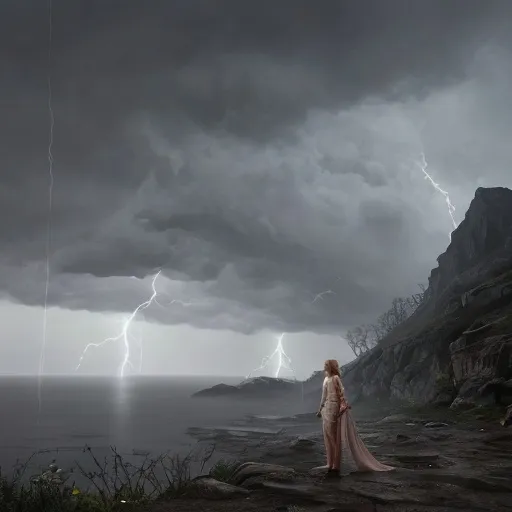 Prompt: Leona took a deep breath, feeling the storm's energy recede as she focused on her newfound ally's words. The tempest swirled around her, its power a living, pulsing presence that demanded respect. The rain continued to fall, but the thunder and lightning had abated, leaving only the gentle patter of drops against the earth.