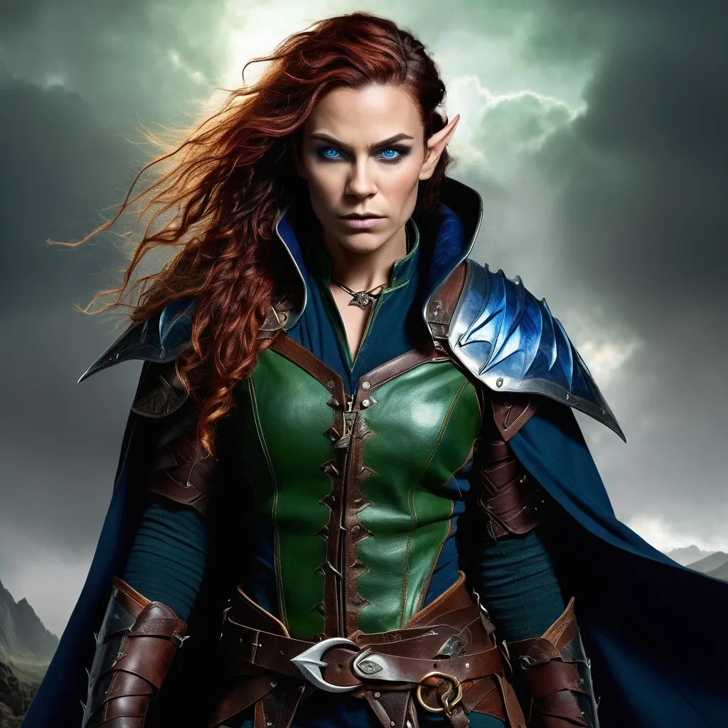 Prompt: half-orc, female, 30, six and a half feet tall, emerald green skin, copper-tipped dark curls, piercing blue eyes, strong jawline, metal storm-infused left hand, practical leather armor, intricate lightning-shaped metal plates, midnight blue cloak, gold and sapphire amulet, heavy worn boots, elven features, commanding presence, elven-orc heritage, skilled blacksmith, storm-bound, moonlit shimmer, angular face, sharp teeth, battle-ready, forged by loss, elven grace, storm-infused, bonds forged in loyalty, enigmatic aura, wanderer's spirit, Thunderfall dweller, unshakable resolve.