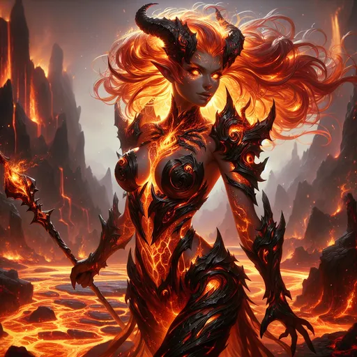 Prompt: "A striking female fire genasi strides confidently through a volcanic landscape, her entire form radiating with elemental energy. Her molten-orange skin glows faintly as if lit from within, and her eyes burn with an intense, golden light. Her hair is a living inferno, flames flickering and crackling as they dance around her head and shoulders, casting flickering shadows on the jagged rocks around her. She wears armor crafted from blackened obsidian and tempered gold, its edges glowing with heat. Her shoulders are adorned with pauldrons shaped like molten lava flows, and a fiery cloak trails behind her, dissipating into embers. In her hands, she wields a long, flaming glaive etched with runes that pulse with ancient power. The volcanic terrain around her is alive with erupting geysers and rivers of lava, the air shimmering with heat. Above, the sky is split by ash clouds and streaks of firelight, framing her as a fierce and unstoppable force of nature, embodying the raw, unyielding power of flame."