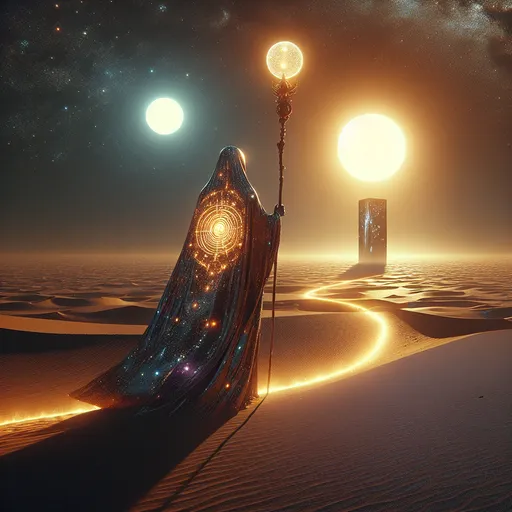 Prompt: "A lone figure draped in a flowing cloak of ever-shifting galaxies walks across a desolate, alien desert under a sky filled with twin suns. Their staff, topped with a glowing orb, leaves trails of shimmering light in the sand. Behind them, the faint outline of an ancient, towering monolith glows faintly with forgotten power."