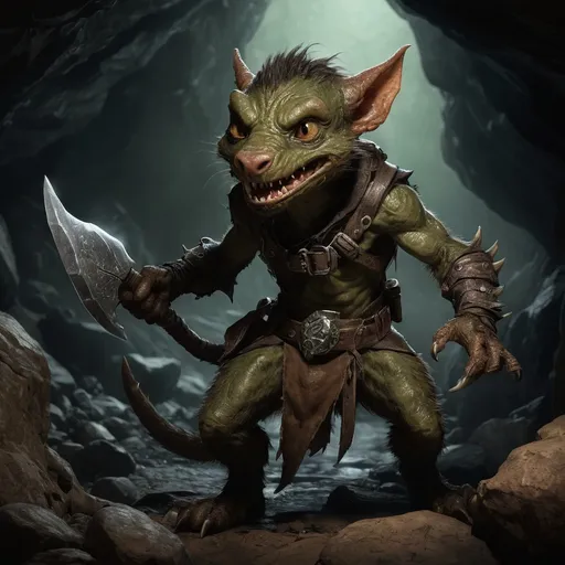 Prompt: In the dimly lit depths of the Shadowfang Caverns, a male kobold scurries with a blend of cunning and agility. Standing no taller than a foot and a half, his wiry frame is cloaked in rugged, earth-toned leathers that blend seamlessly with the rocky surroundings. His skin is a deep, earthy green, glistening faintly with moisture from the damp cavern air, and his sharp, pointed ears twitch at every sound, ever-alert for intruders or the call of his brethren. His large, expressive eyes glow a luminous yellow, like lanterns in the dark, granting him exceptional night vision. A jagged scar runs across his cheek, a badge of honor from countless encounters with adventurers brave enough to seek the treasures hidden within his lair. A necklace of small bones and trinkets hangs around his neck, each piece a trophy from his clever traps and successful raids. Armed with a small, rusted dagger and a satchel filled with makeshift gadgets, the male kobold embodies resourcefulness. His nimble fingers are adept at crafting traps and tools from the refuse of the caves, showcasing his natural ingenuity. Whether scavenging for food or devising devious schemes to protect his clan's hoard, he embodies the spirit of survival in a world teeming with danger. With a mix of mischief and bravery, he navigates the shadows, ready to defend his home or strike a bargain with those who dare to approach. In the realm of fantasy, this male kobold is a master of both cunning and charisma, proving that even the smallest creatures can have a significant impact on the world around them.