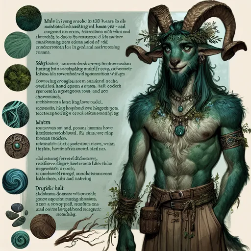 Prompt: Satyr, male, 150 years old, late 20s appearance, deep emerald fur, human-goat blend, turquoise-seafoam eyes, vine-adorned ram horns, strong jawline, high cheekbones, bare chest, fine abdominal fur, goat legs, cloven hooves, aquatic blue-green tail, vine belt, forest dweller, druidic necklace, polished river stones, mythical beast teeth, woven belt, handcrafted tools, adventurous spirit, charming personality, empathetic, protective, wise, mischievous, romantic, storyteller, spirit of nature.